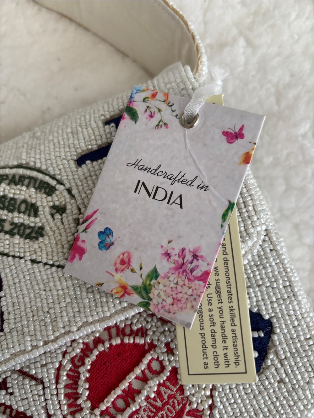 Beaded White Travel-Stamp Shoulder Bag - Picture 2 of 7